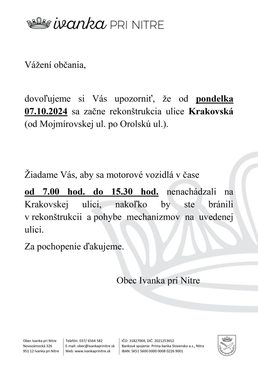 Parkovanie v obmedzenom čase 7.10.2024 (počas rekonštrukcie Krakovskej ulice)