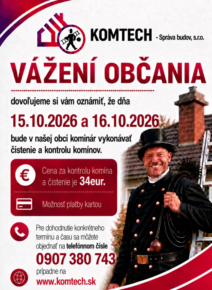 Čistenie a kontrola komínov od 15.10.2026 do 16.10.2026 Čistenie a kontrola komínov od 15.10.2026 do 16.10.2026