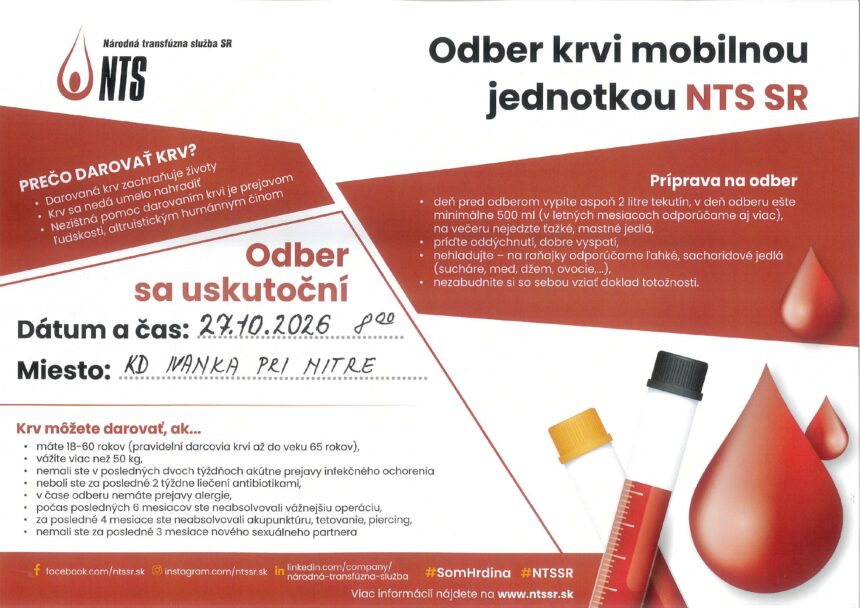 Odber krvi v Ivanke pri Nitre – 27. októbra 2026